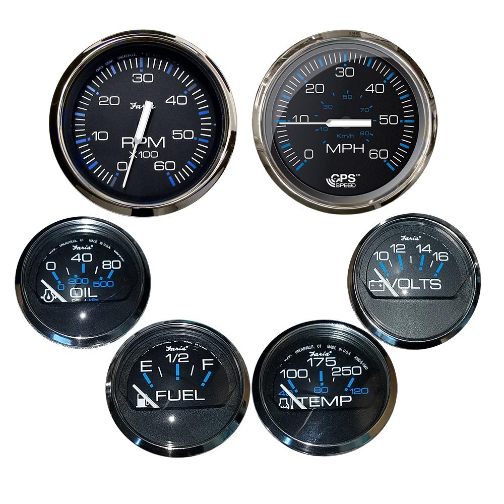 Faria Chesapeake Black w/Stainless Steel Bezel Boxed Set of 6 - Speed, Tach, Fuel Level, Voltmeter, Water Temperature Oil PSI - Inboard Motors [KTF064] - Life Raft Professionals
