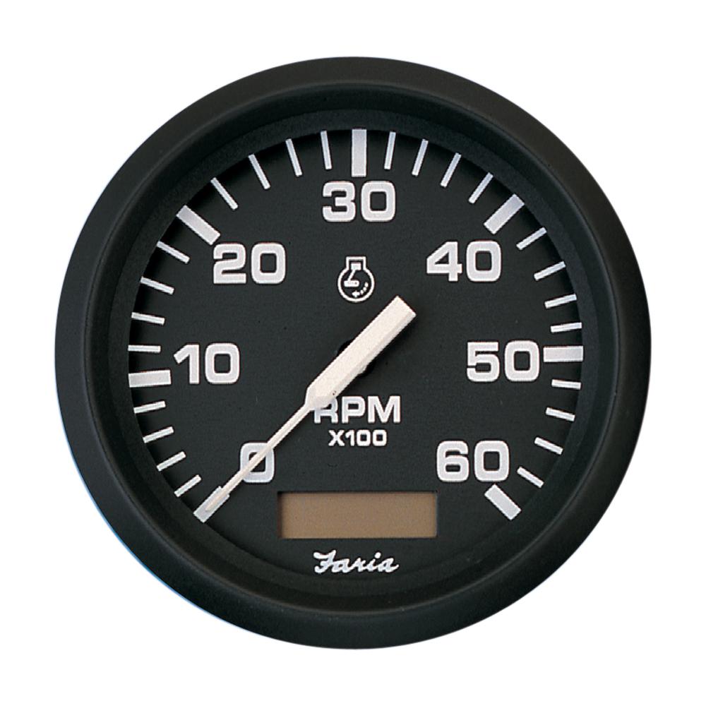 Faria Euro Black 4" Tachometer w/Hourmeter - 6,000 RPM (Gas - Inboard) [32832] - Life Raft Professionals