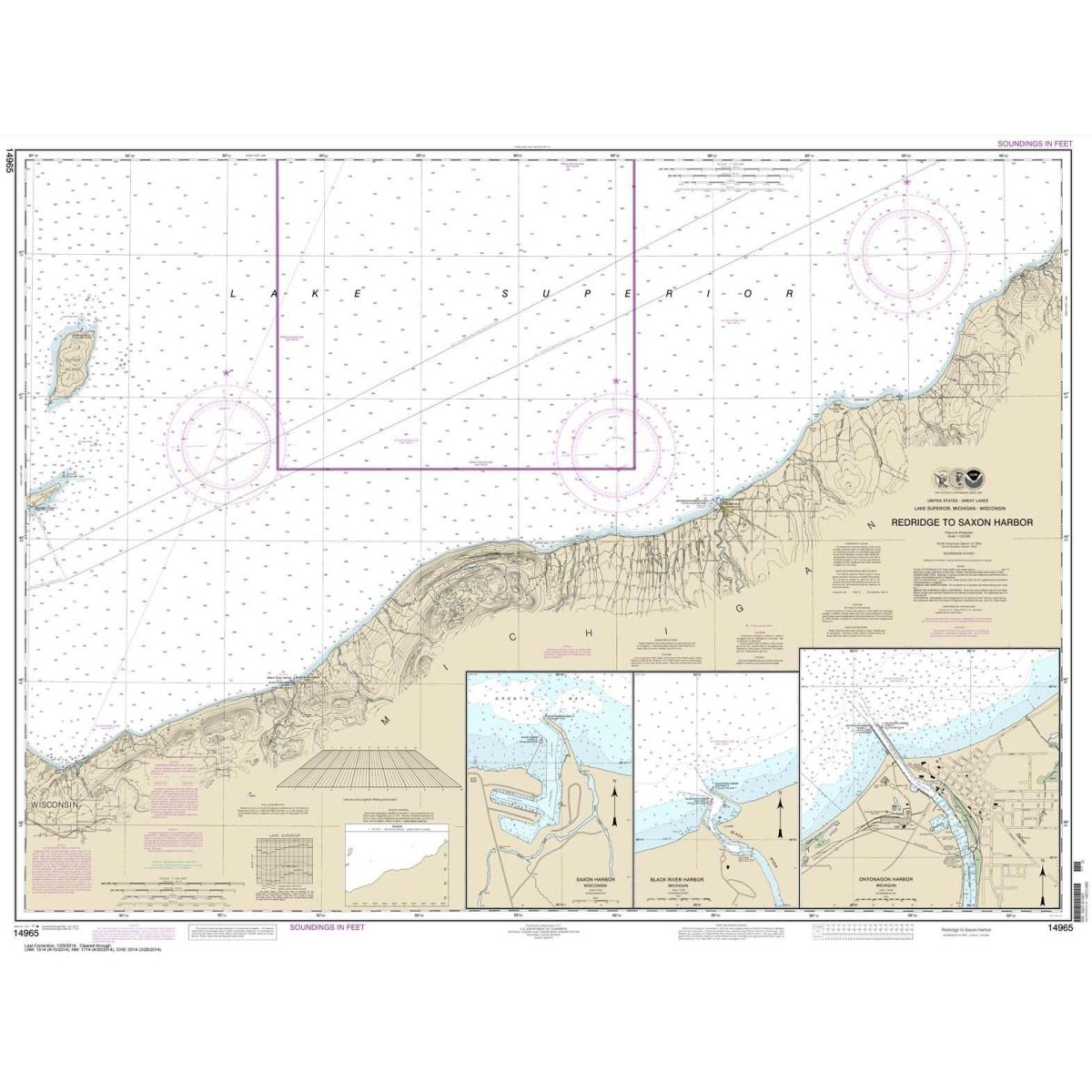 Historical NOAA Chart 14965: Redridge to Saxon Harbor; Ontonagon harbor; Black River Harbor; Saxon Harbor - Life Raft Professionals