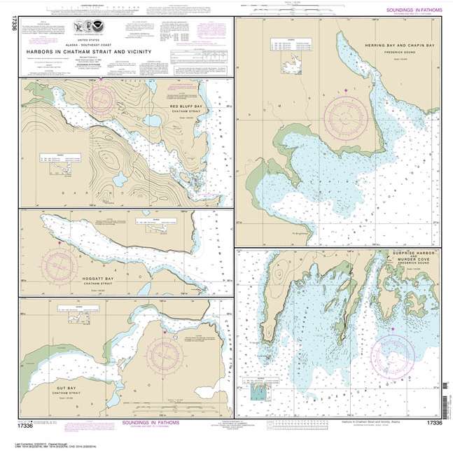 Historical NOAA Chart 17336: Harbors in Chatham Strait and vicinity Gut Bay: Chatham Strait;Hoggatt Bay: Chatham Strait;Red Bluff Bay: Chatham Strait;Herring Bay and hapin Bay: Frederick Sound;Surprise Hbr: and Murder Cove: Frederick Sound - Life Raft Professionals