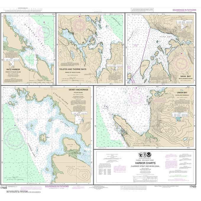 Historical NOAA Chart 17423: Harbor Charts-Clarence Strait and Behm Canal Dewey Anchorage: Etolin Island;Ratz Harbor: Prince of Wales Island;Naha Bay: Revillagigedo Island;Tolstoi and Thorne Bays: Prince of Wales ls.;Union Bay: Cleveland Peninsula - Life Raft Professionals