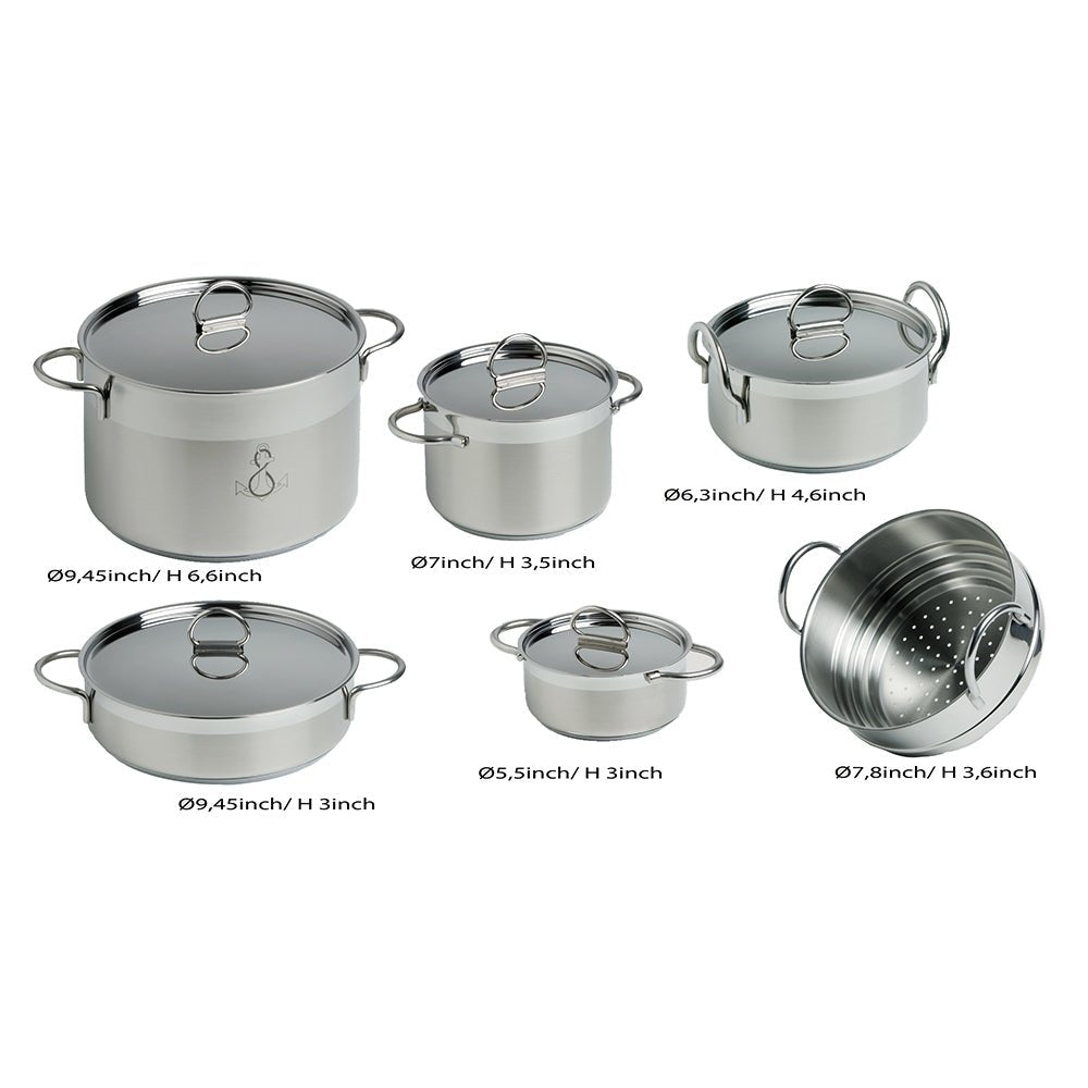 Marine Business Kitchen Cookware Pan Set Self-Containing - Stainless Steel - Set of 8 - Life Raft Professionals