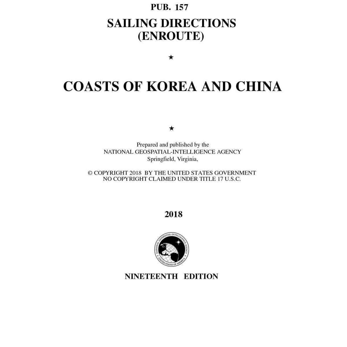 PUB 158 Sailing Directions Enroute: Coasts of Korea and China (Current Edition) - Life Raft Professionals