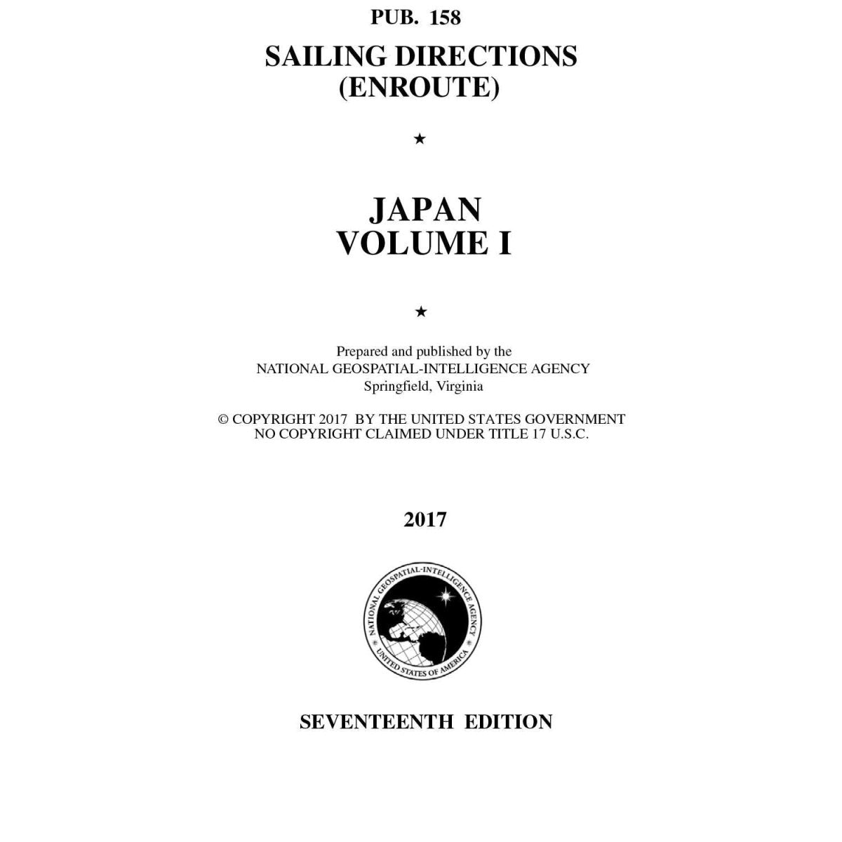 PUB 158 Sailing Directions Enroute: Japan Vol 1 (Current Edition) - Life Raft Professionals
